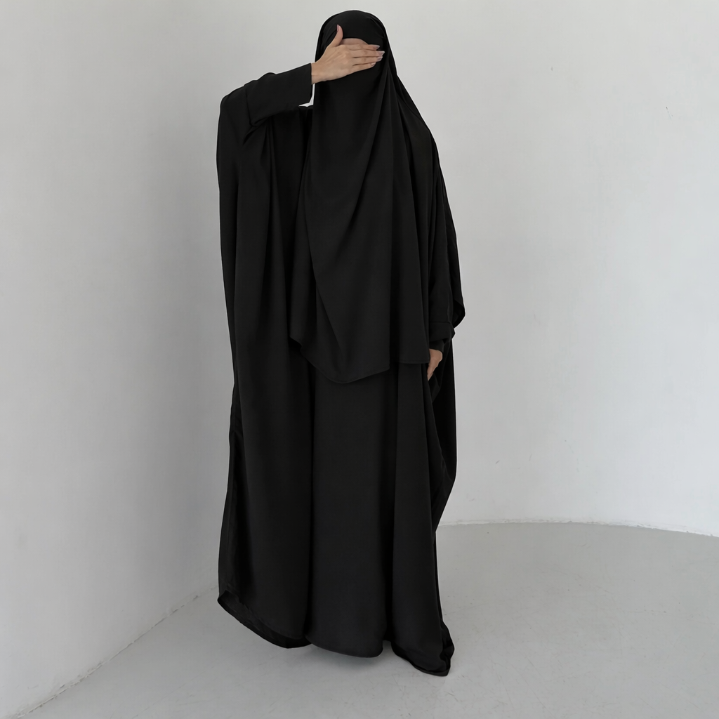 Set Awan noir MAYRAH - ensemble abaya Aman et khimar à fente option niqab, mode pudique premium