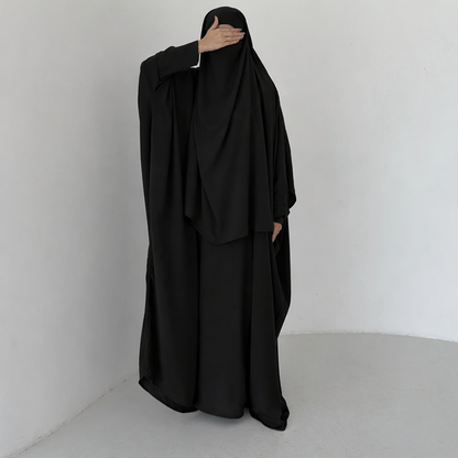 Set Awan noir MAYRAH - ensemble abaya Aman et khimar à fente option niqab, mode pudique premium